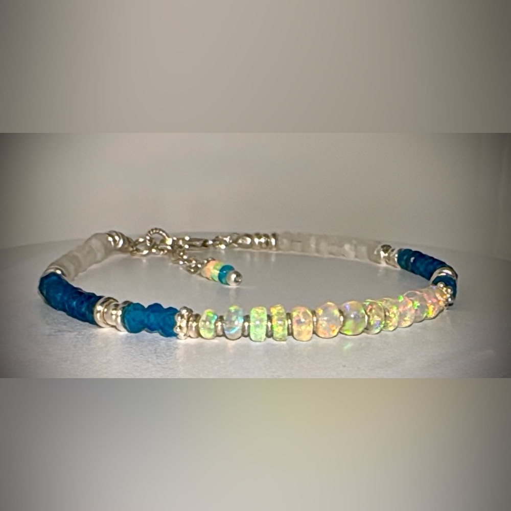 Ethiopian Opal,Neon Blue Apatite, Bracelet in Sterling Silver